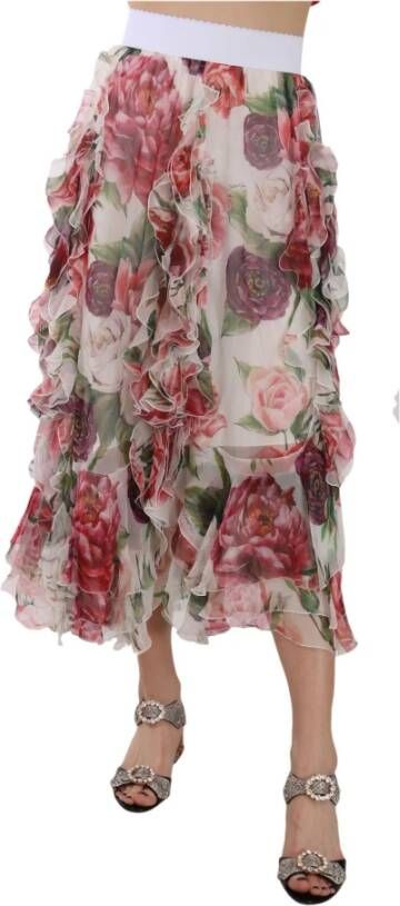 Dolce & Gabbana Multicolor Roses Silk Ruffle High Waist Skirt Rood Dames