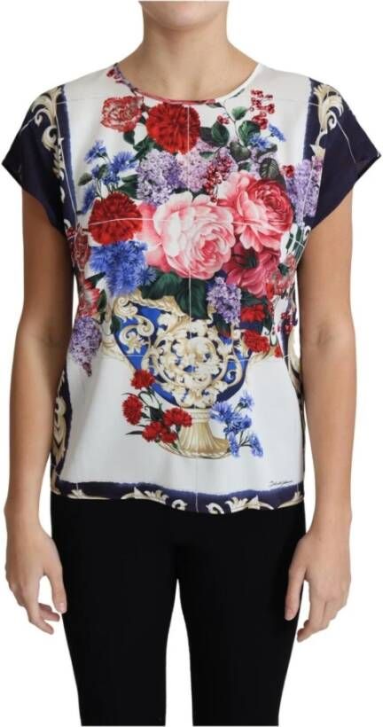 Dolce & Gabbana Multicolor Silk Flower Vase Short Sleeves Blouse Top Meerkleurig Dames