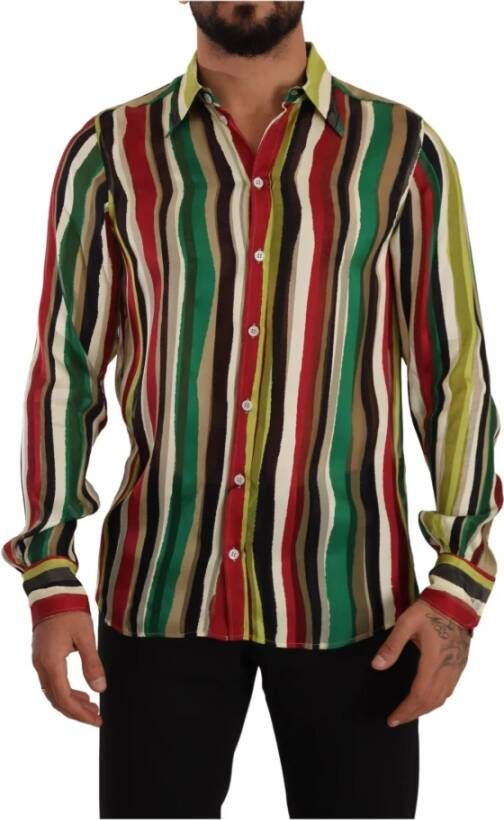 Dolce & Gabbana Multicolor Striped Long Sleeve Silk Shirt Groen Heren