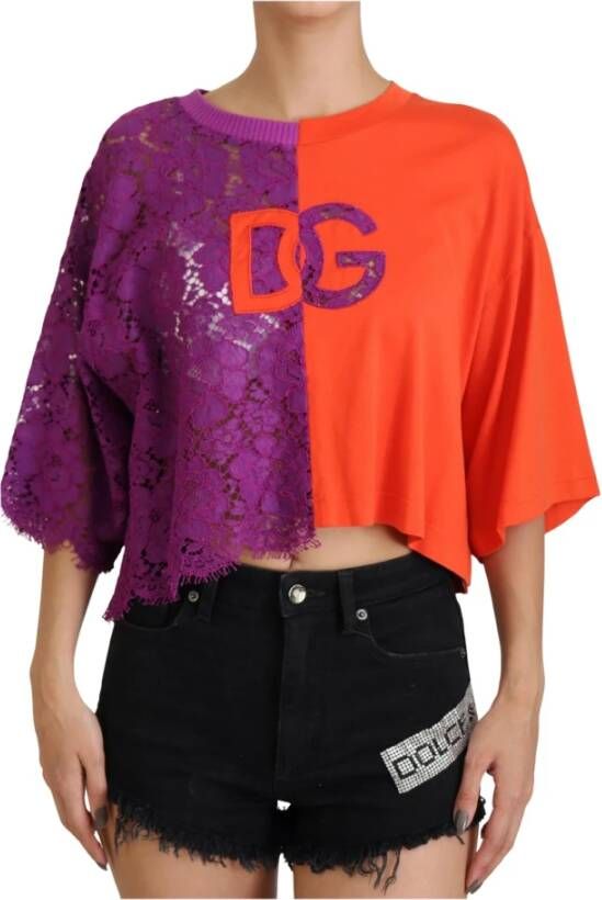 Dolce & Gabbana Paarse Bloemenkant Oranje Cropped Top Multicolor Dames