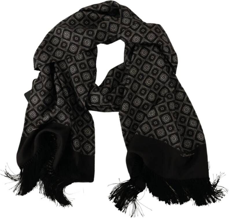 Dolce & Gabbana Zwart Zijden Geometrisch Logo Print Sjaal Franje Sjaal Black Unisex