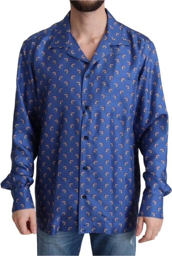 Dolce & Gabbana Blue Beach Chair Umbrella Print Silk Shirt Blauw Heren