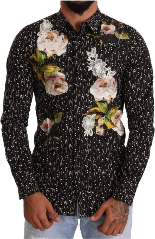 Dolce & Gabbana Zwarte Bloemen Brokaat Katoenen Overhemd Black Heren