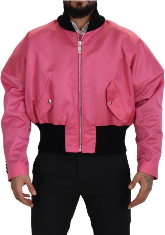 Dolce & Gabbana Nylon Pink Men Full Zip Bomber Jacket Roze Heren