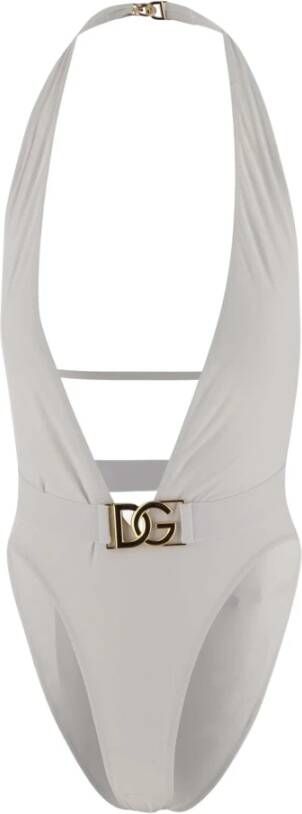 Dolce & Gabbana Diepe Halslijn Wit Badpak met Gouden Riem Detail White Dames