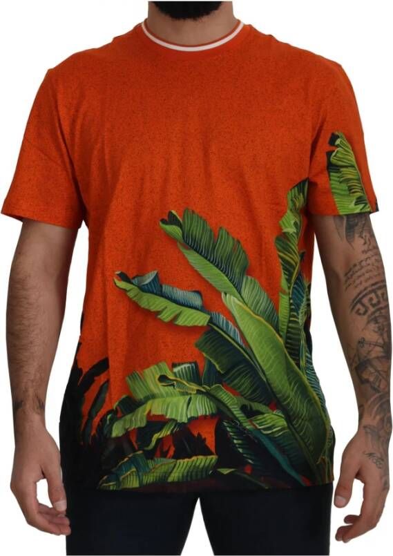 Dolce & Gabbana Orange Floral Cotton Crewneck T-shirt Oranje Heren