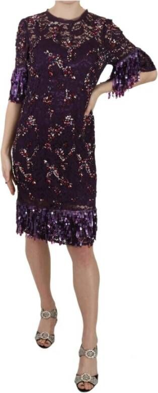Dolce & Gabbana Paarse bloemen kanten jurk met kristallen Purple Dames