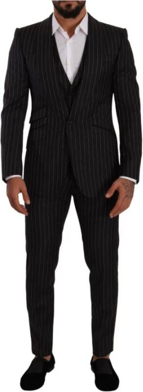 Dolce & Gabbana Black Sicilia Striped Wool Formal 3 Piece Suit Zwart Heren