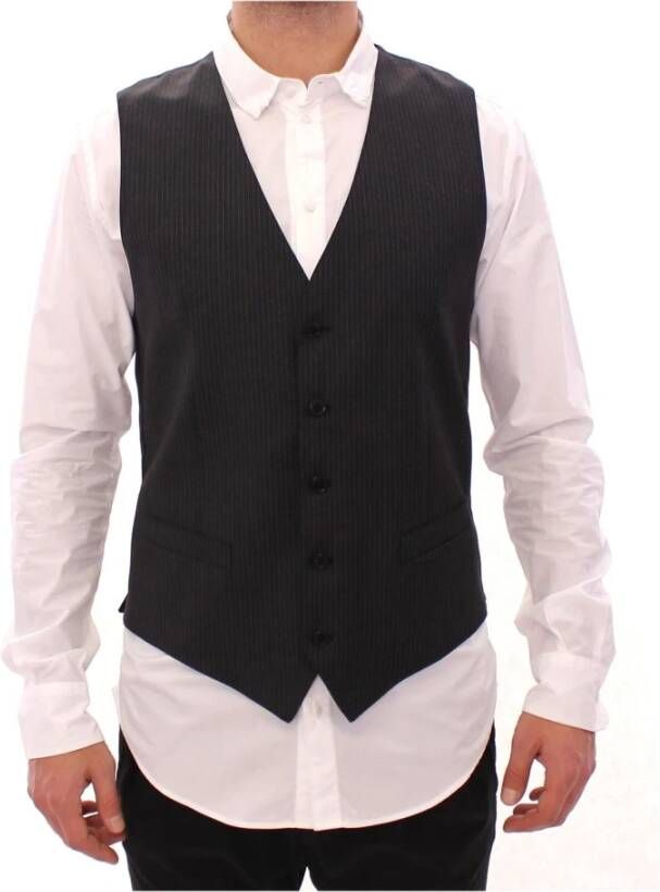 Dolce & Gabbana Grijze Gestreepte Wol Single Breasted Vest Gray Heren