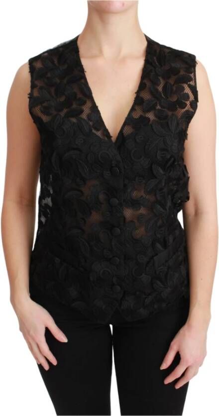 Dolce & Gabbana Black Floral Brocade Top Gilet Waistcoat Zwart Dames