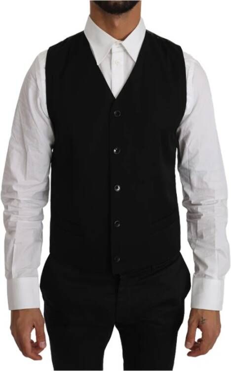 Dolce & Gabbana Luxe Zwarte Wol Stretch Waistcoat Vest Black Heren