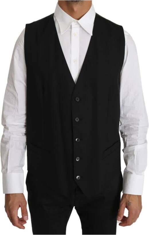 Dolce & Gabbana Luxe Zwarte Wol Stretch Waistcoat Vest Black Heren