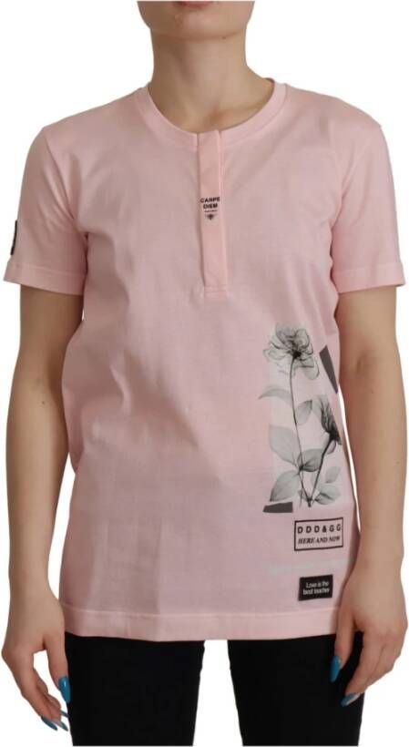 Dolce & Gabbana Pink Floral Cotton Henley Cotton T-shirt Roze Dames