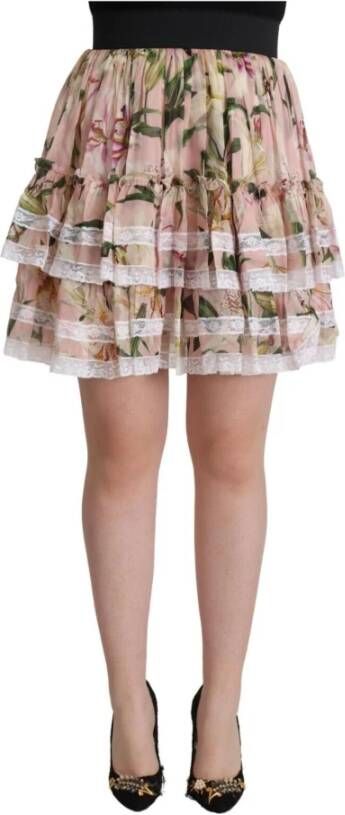 Dolce & Gabbana Pink Lily Print Silk Mini Tiered A-line Skirt Roze Dames