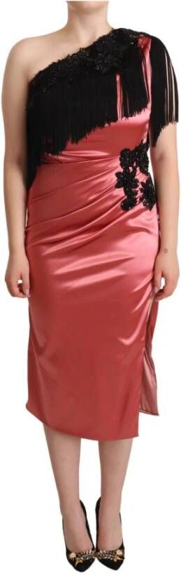 Dolce & Gabbana Pink One-Shoulder Silk Tassel Fringe Gown Mid Dress Roze Dames