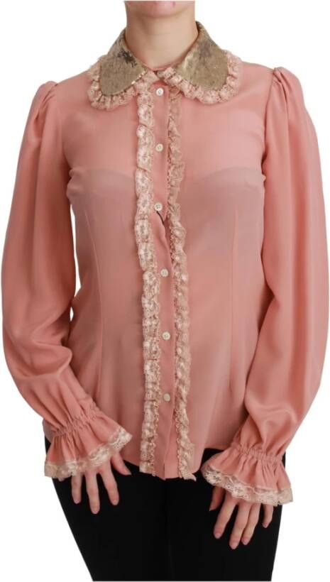 Dolce & Gabbana Roze Zijden Gouden Pailletten Kant Blouse Pink Dames