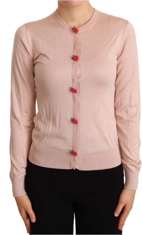 Dolce & Gabbana Pink Silk Knit Rose Button Cardigan Sweater Roze Dames