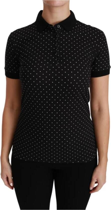 Dolce & Gabbana Black Dotted Collared Polo Shirt Cotton Top Zwart Dames