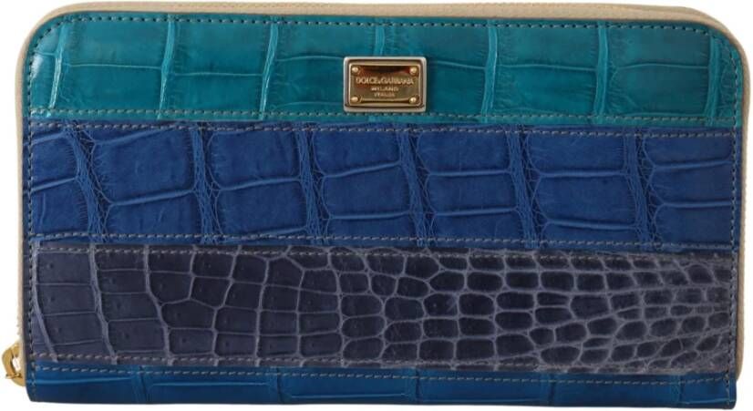 Dolce & Gabbana Blauwe Leren Krokodil Zip Around Portemonnee Blue Dames