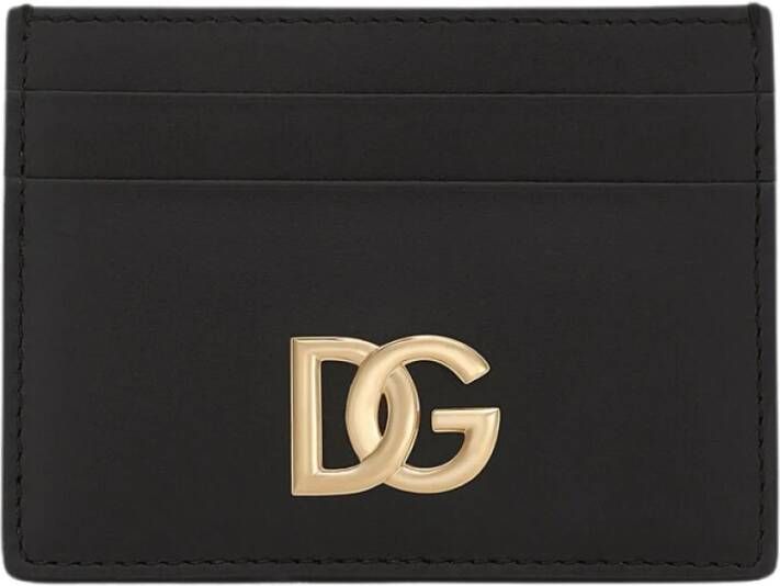 Dolce & Gabbana Stijlvolle Leren Kaarthouder met DG Metalen Plaat Black Dames