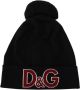 Dolce & Gabbana Zwarte wollen bontbal DG Love Beanie Black Unisex - Thumbnail 1
