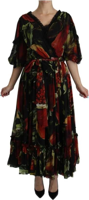 Dolce & Gabbana Pre-owned Black Floral Roses Pleated Maxi Silk Zwart Dames