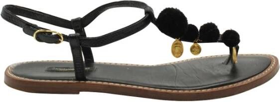 Dolce & Gabbana Pre-owned Black Thong Flat Sandals with Pom Poms and Medallions Zwart Dames
