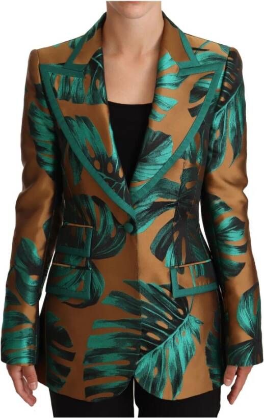 Dolce & Gabbana Pre-owned Brown Green Leaf Jacquard Coat Jacket Bruin Dames