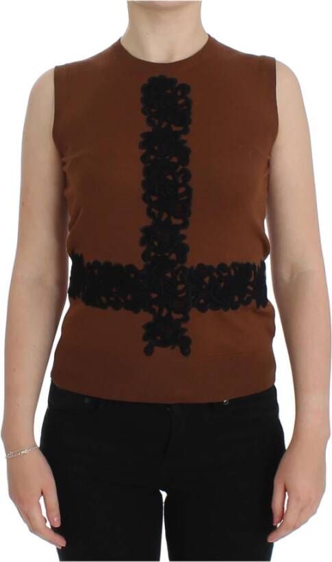 Dolce & Gabbana Pre-owned Brown Wool Black Lace Vest Sweater Top Bruin Dames