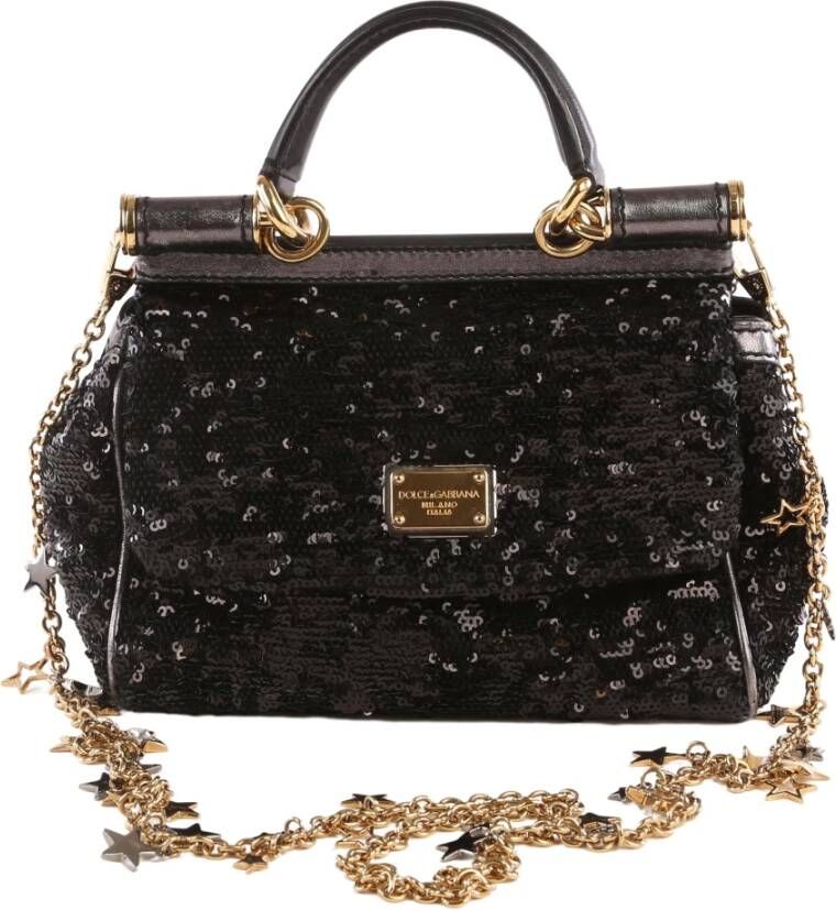 Dolce & Gabbana Pre-owned Dolce Gabbana Black Sequin Mini Sicily Top Handle Bag with Long Chain Zwart Dames