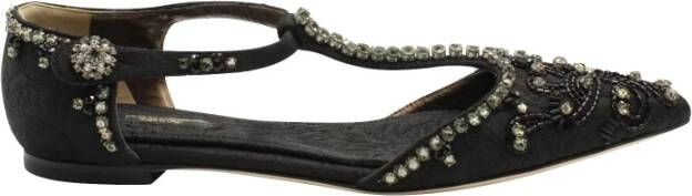 Dolce & Gabbana Pre-owned Dolce Gabbana Crystal Embellished Lace T-strap Sandals in Black Leather Zwart Dames
