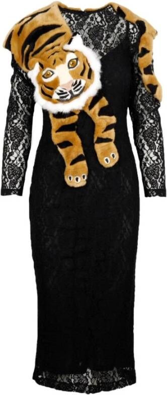 Dolce & Gabbana Pre-owned Dolce Gabbana Dolce Gabbana Faux Fur Tiger Lace Dress Zwart Dames