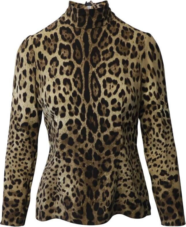 Dolce & Gabbana Pre-owned Dolce Gabbana Leopard Long Sleeve Turtleneck Top in Animal Print Silk Bruin Dames