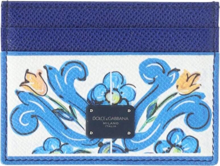 Dolce & Gabbana Pre-owned Dolce Gabbana Maiolica Printed Card Holder in Blue Leather Blauw Dames