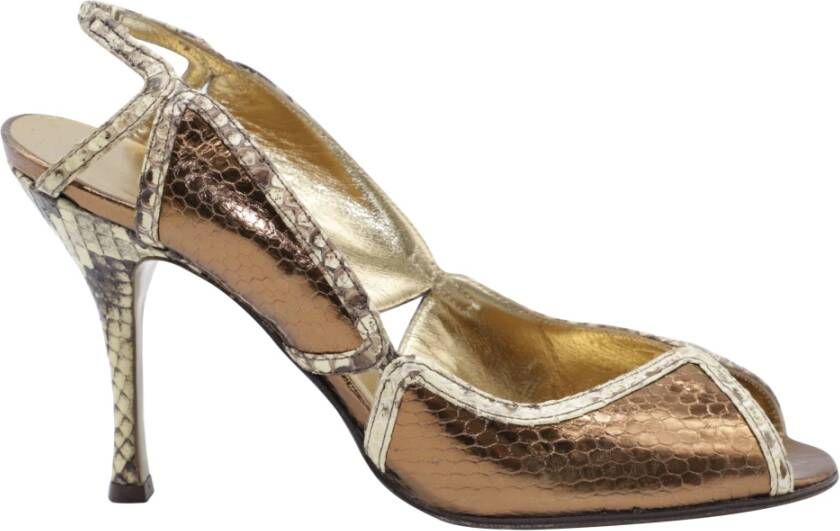 Dolce & Gabbana Pre-owned Dolce Gabbana Peep-Toe Python Sandals in Gold Leather Geel Dames