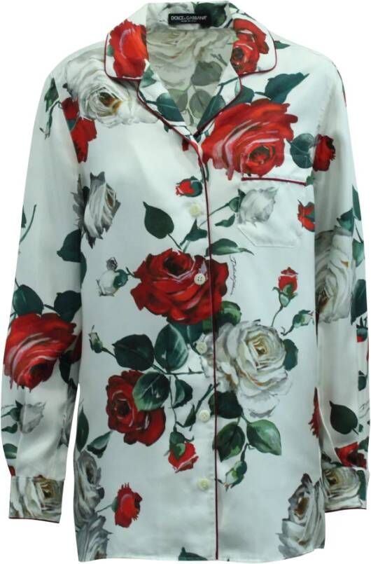 Dolce & Gabbana Pre-owned Dolce Gabbana Rose Print Button Down Shirt in White Silk Wit Dames