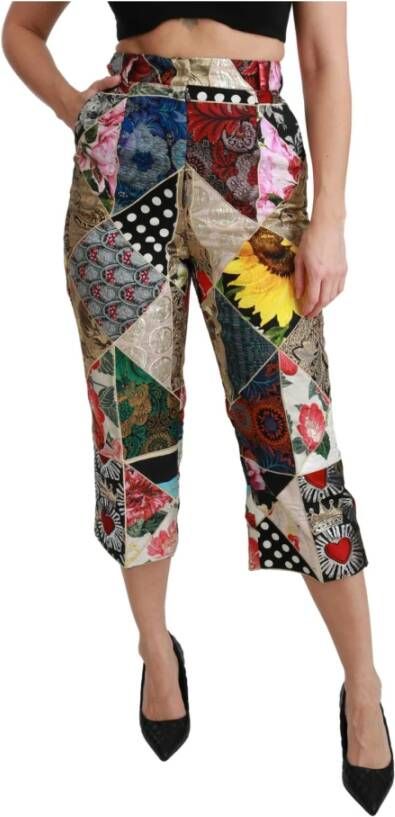 Dolce & Gabbana Pre-owned Silk Multicolor Print High Waist Cropped Pants Beige Dames