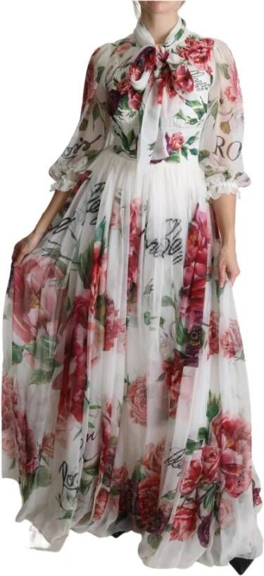 Dolce & Gabbana Pre-owned White Floral Rose Silk Print Floor Length Dress Wit Dames
