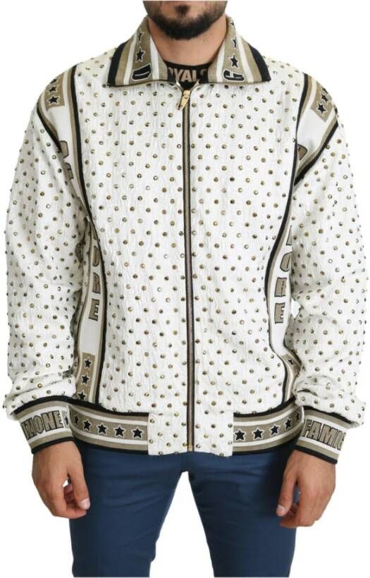 Dolce & Gabbana Pre-owned White Gold Brocade Crystal Bomber Jacket Wit Heren