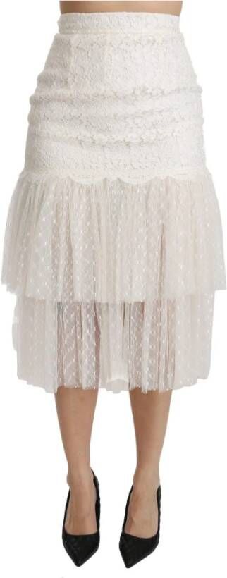Dolce & Gabbana Pre-owned White Lace Layered High Waist Midi Cotton Skirt Wit Dames