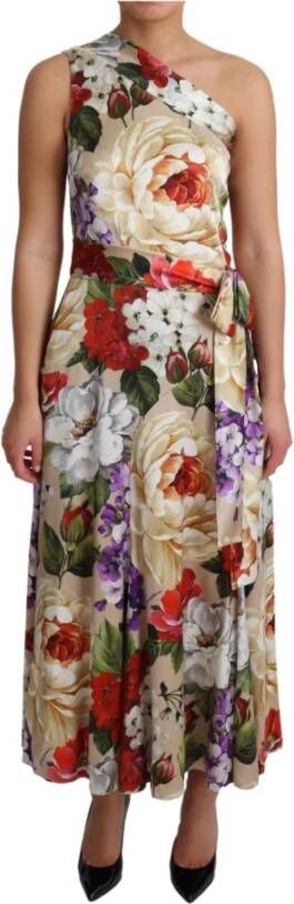 Dolce & Gabbana Print Silk Stretch One Shoulder Floral Dress Beige Dames
