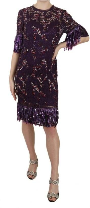Dolce & Gabbana Paarse bloemen kanten jurk met kristallen Purple Dames