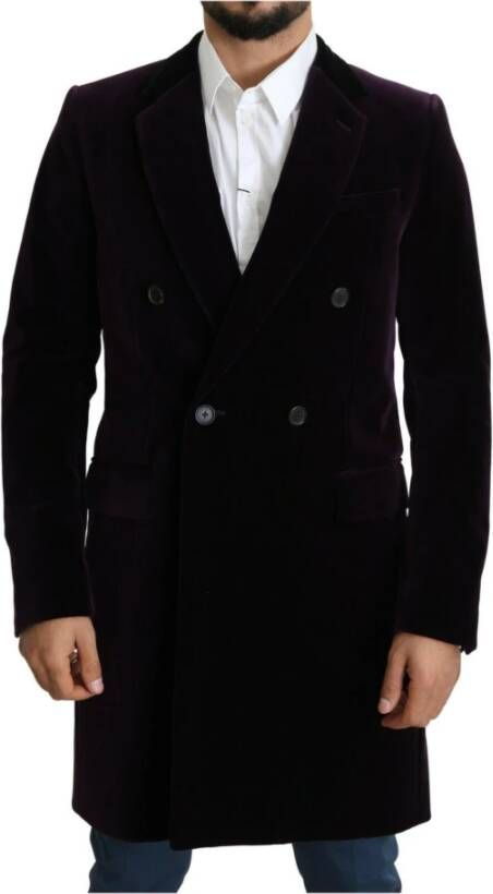 Dolce & Gabbana Purple Velvet Double Breasted Long Coat Jacket Paars Heren