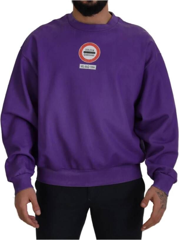 Dolce & Gabbana Purple Wash Logo Cotton Crewneck Sweatshirt Sweater Paars Heren
