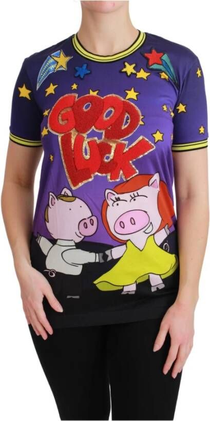 Dolce & Gabbana Purple Year OF THE PIG Top Cotton T-shirt Paars Dames