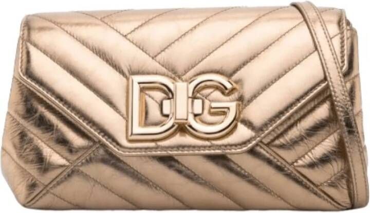 Dolce & Gabbana Quilted Leren Schoudertas met Gouden Logo Plaque Yellow Dames