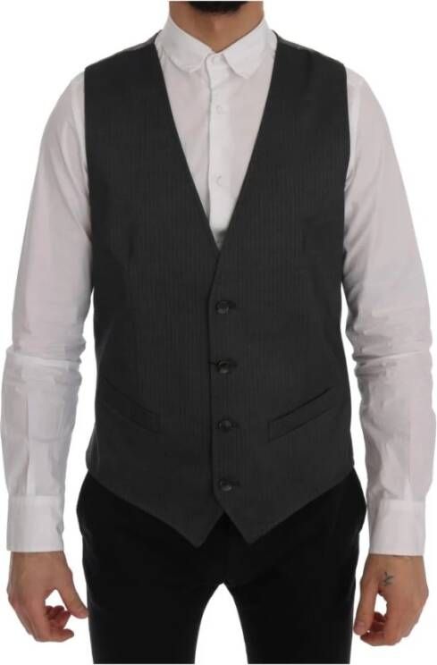 Dolce & Gabbana Grijze Gestreepte Wol Single Breasted Vest Gray Heren