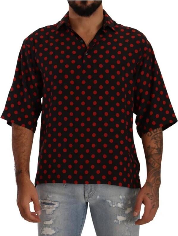 Dolce & Gabbana Red Black Silk Polka Dots Short Sleeves Shirt Meerkleurig Heren