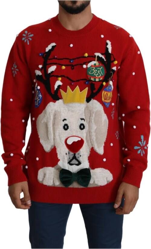 Dolce & Gabbana Red Christmas Dog Pullover Cashmere Sweater Rood Heren