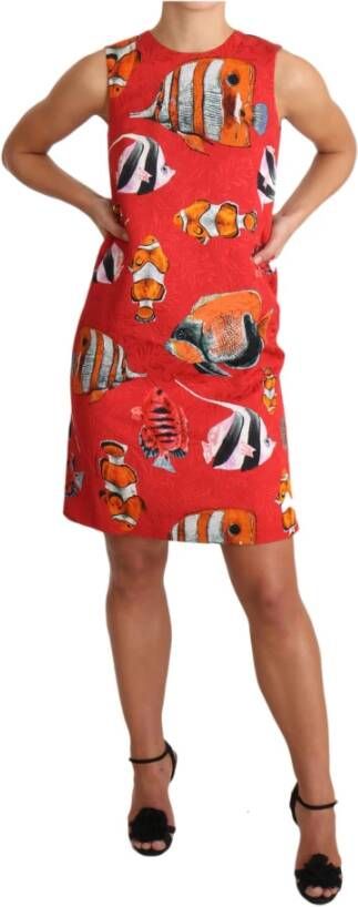 Dolce & Gabbana Red Fish Print Sleeveless Mini Shift Dress Rood Dames